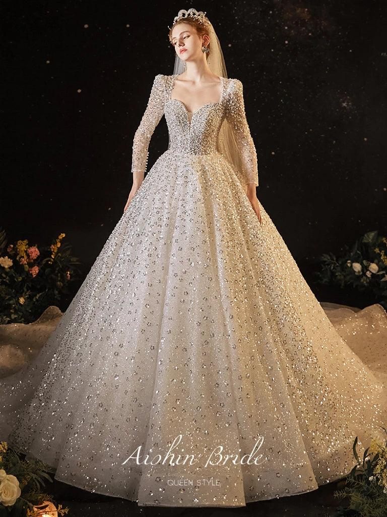 Luxury Sequined A-Line Wedding Dress - Custom Square Collar with Long Sleeves