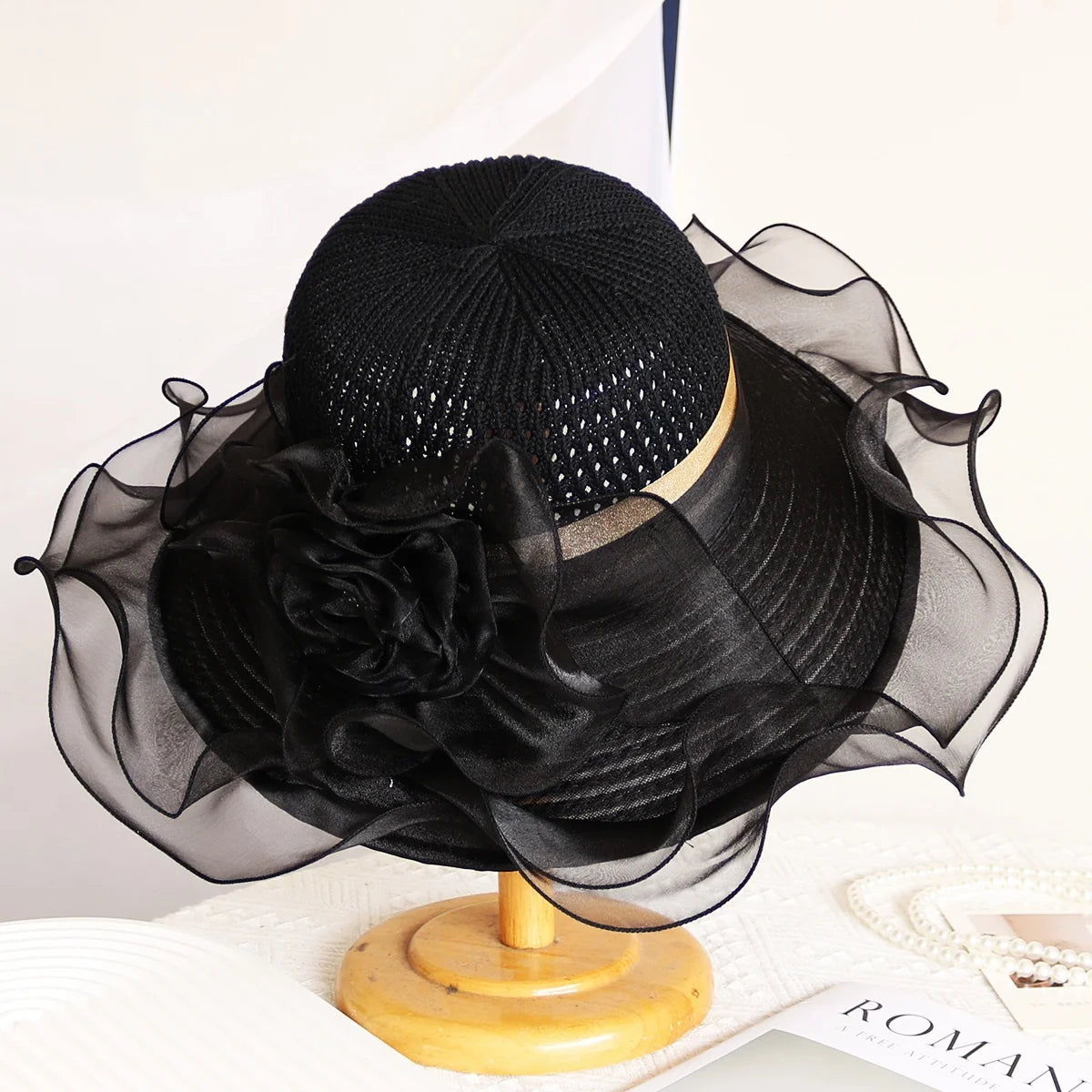 Elegant Women's Summer Sun Hat – Breathable Organdy, Foldable Design, Woven Crown with Flower Decoration