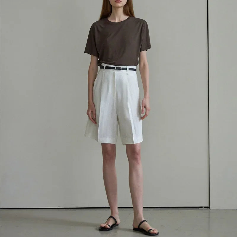 100% Linen High Waist Shorts for Women – Solid Color Knee-Length Summer Pants | Casual Streetwear Sale | Pantalones Mujer Verano