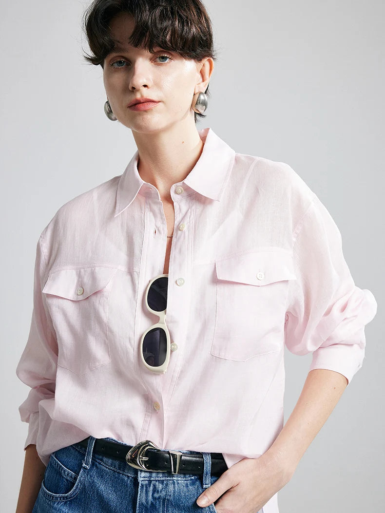 100% Ramie Loose-Fit Blouse  -  Women's Turn-Down Collar Shirt with Double Chest Pockets