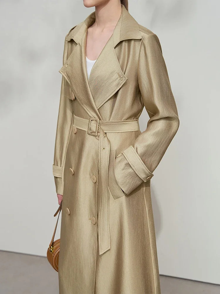 Minimalist Wide-Waist Trench Coat for Women - 2025 Spring/Summer Long Double-Breasted Overcoat with Turn-Down Collar