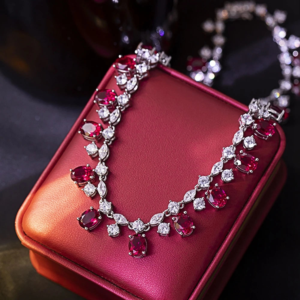 Luxury 925 Sterling Silver Oval-Cut Ruby & Moissanite Necklace | 6×8mm Gemstone Pendant for Women | Fine Jewelry Anniversary Gift