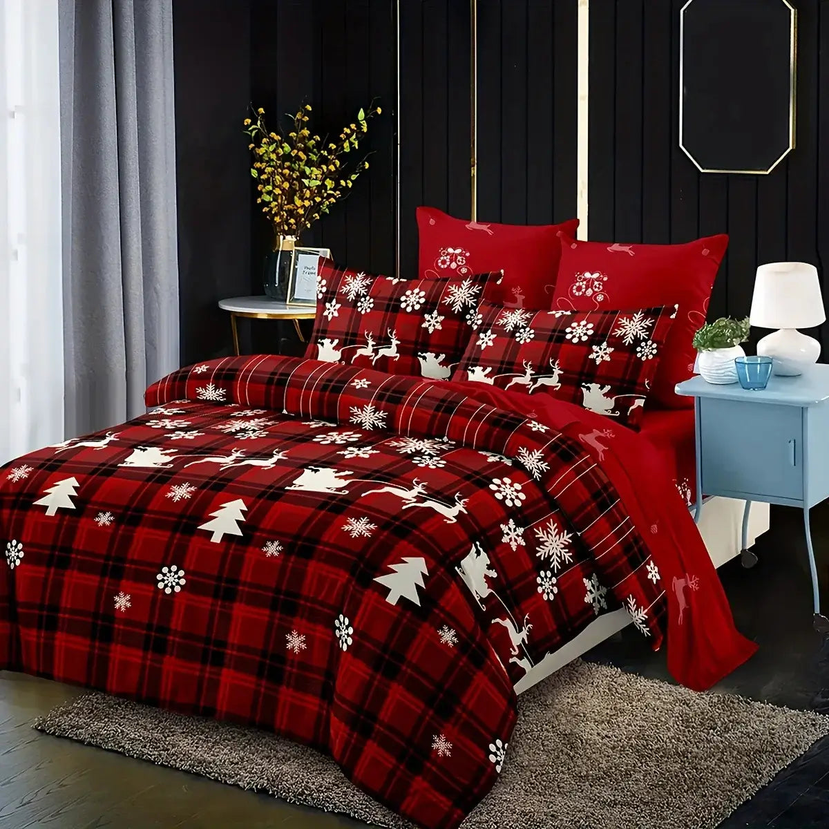 3-Piece Christmas Duvet Cover Set – Soft, Breathable, Hypoallergenic Fabric with Checkered Elk and Snowflake Print