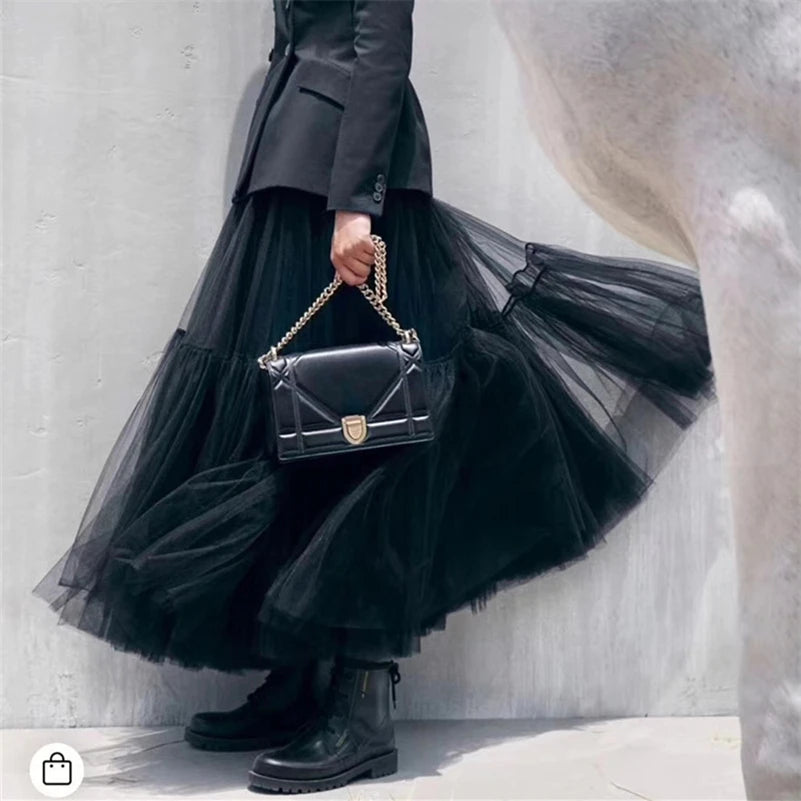 Elegant High Waist Tulle Skirt – Solid Color A-Line Mesh Tutu Skirt for Women - HER SHOP
