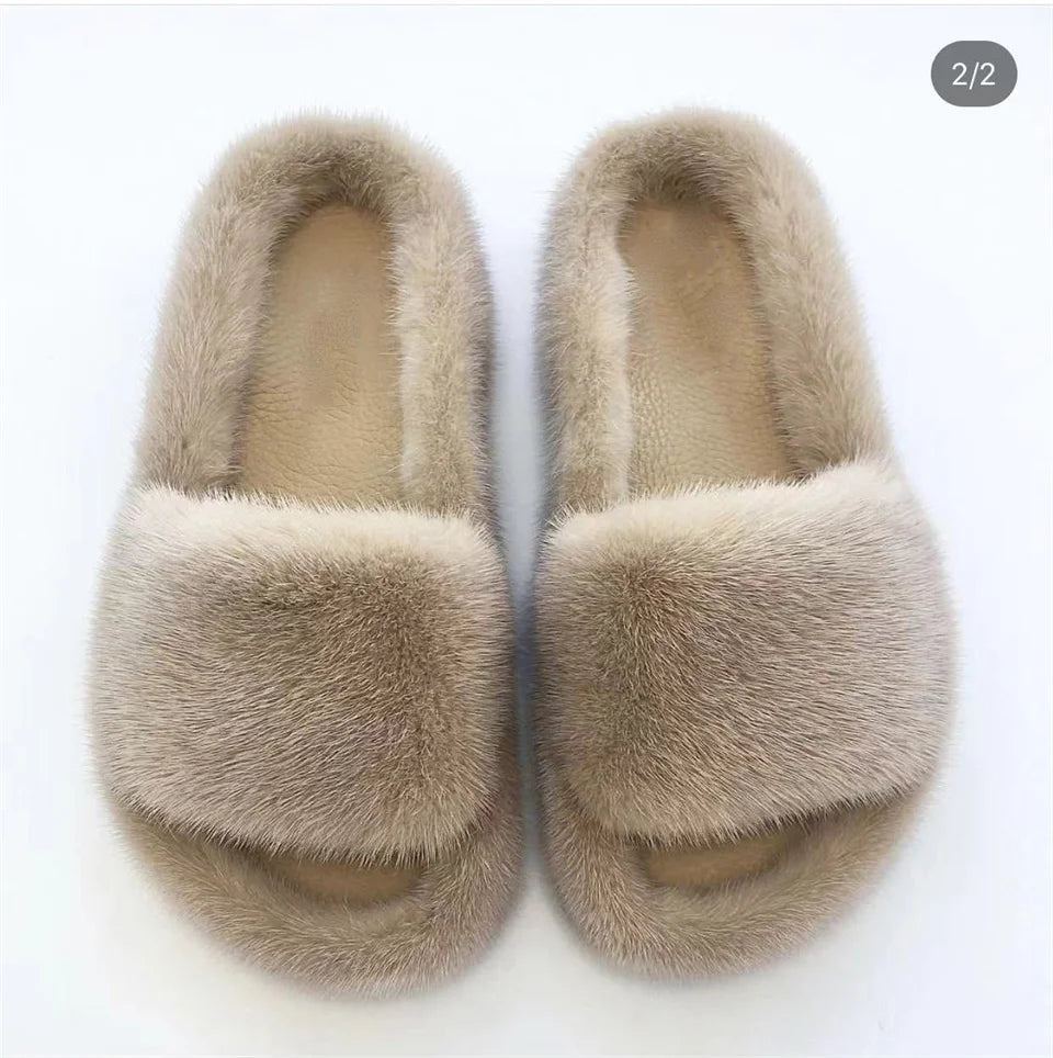 Luxury Real Mink Fur Slippers for Women – Summer Flat Slides with Plush Fur and Sheepskin Insole