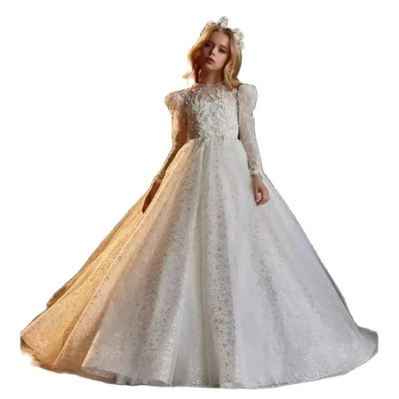 Luxury Long Sleeve Tulle Flower Girl Dress with Beaded Appliqué – Perfect for Weddings, Birthdays, Communion, and Special Occasions