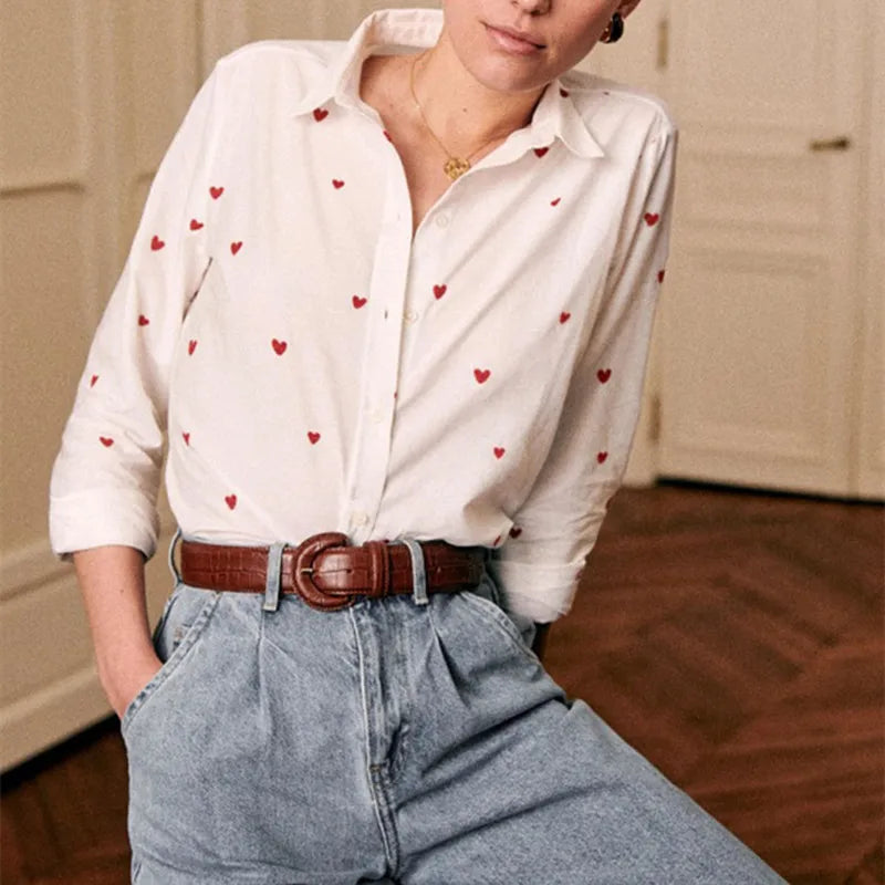 Women's Heart Embroidery Blouse - Turn-Down Collar, Single-Breasted, Fresh Long Sleeve Denim Shirt for Valentine's Day