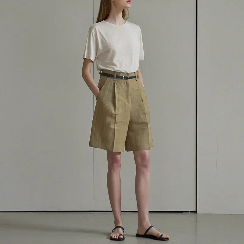 100% Linen High Waist Shorts for Women – Solid Color Knee-Length Summer Pants | Casual Streetwear Sale | Pantalones Mujer Verano