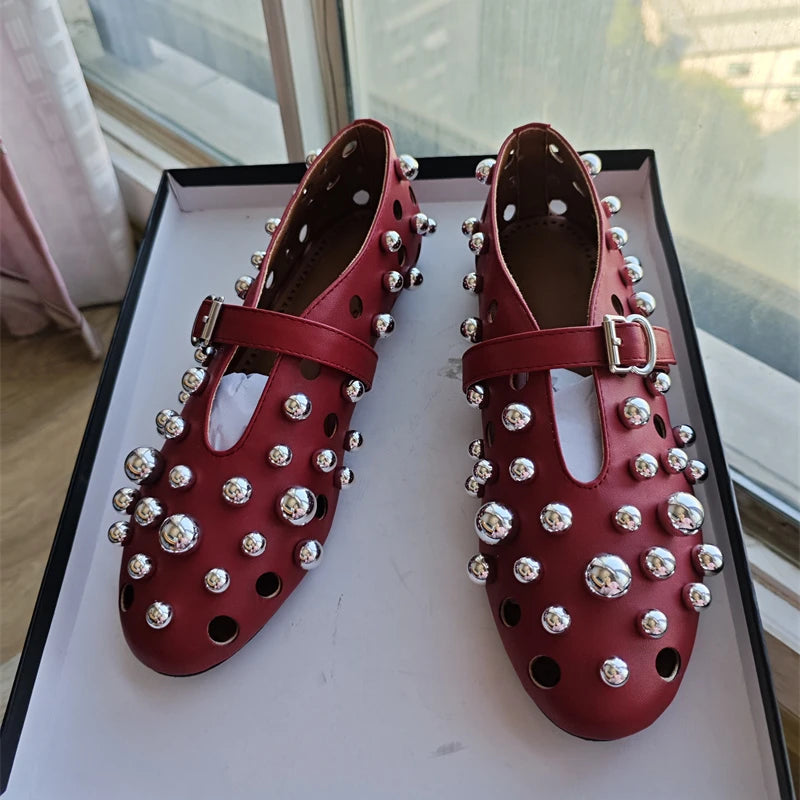 New Rivet Round Head Flat Shoes Orange Leather Sandal Buckle Ballet Sandal Silver Hollow Mary Jane Shoes Lipstick Key Bag 34-45