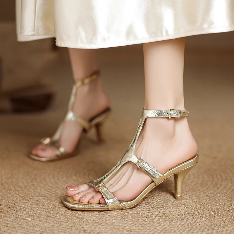2025 Summer New Women Sandals Shoes High Heel Genuine Leather Sexy Round Toe Ankle Strap Party Shoes Pumps Buckle Wedding 34-42