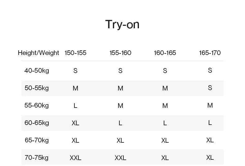 Size chart for clothing with height and weight ranges and corresponding size labels.