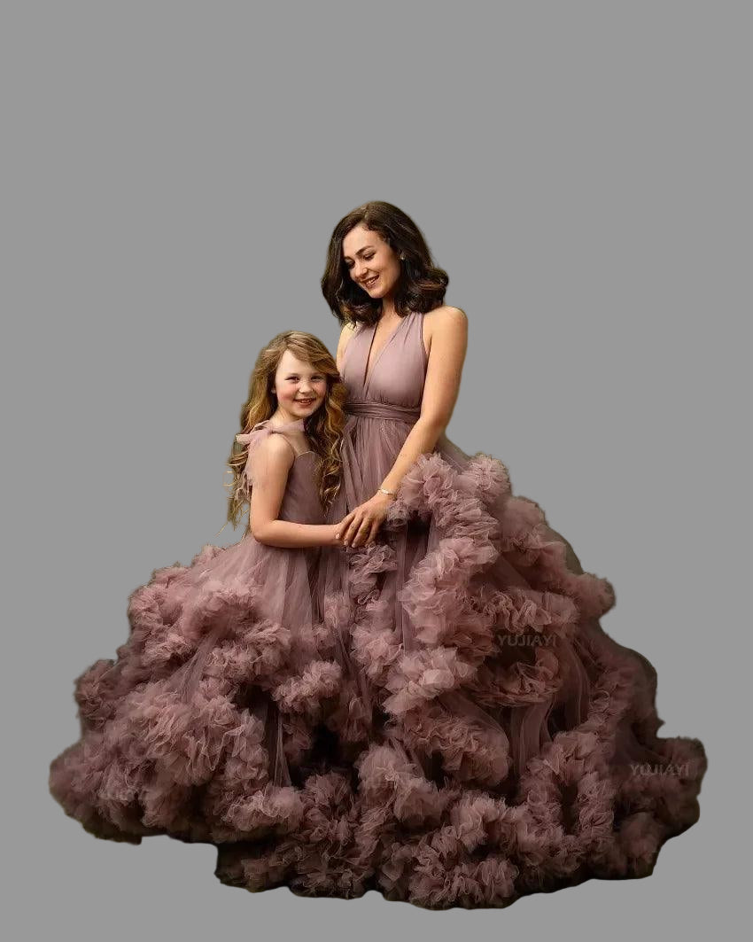 Mommy and Me Matching Dress Puffy Tulle Tiered Ruffles Mother and Daughter Dresses for Party or Photoshoot Family Look Ball Gown