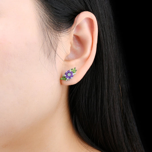 Natural Amethyst, Diopside & Opal Multicolor Sterling Silver Stud Earrings 2.5 Carat Gemstone Fine Jewelry for Women, Daily Wear - HER SHOP