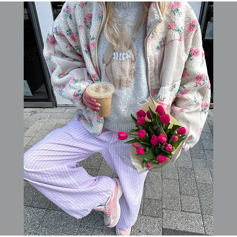 Retro Printed Plush Zipper Short Jacket Women Casual Loose High Neck Pocket Jackets Coat Lady 2025 Versatile Chic Street Outwear