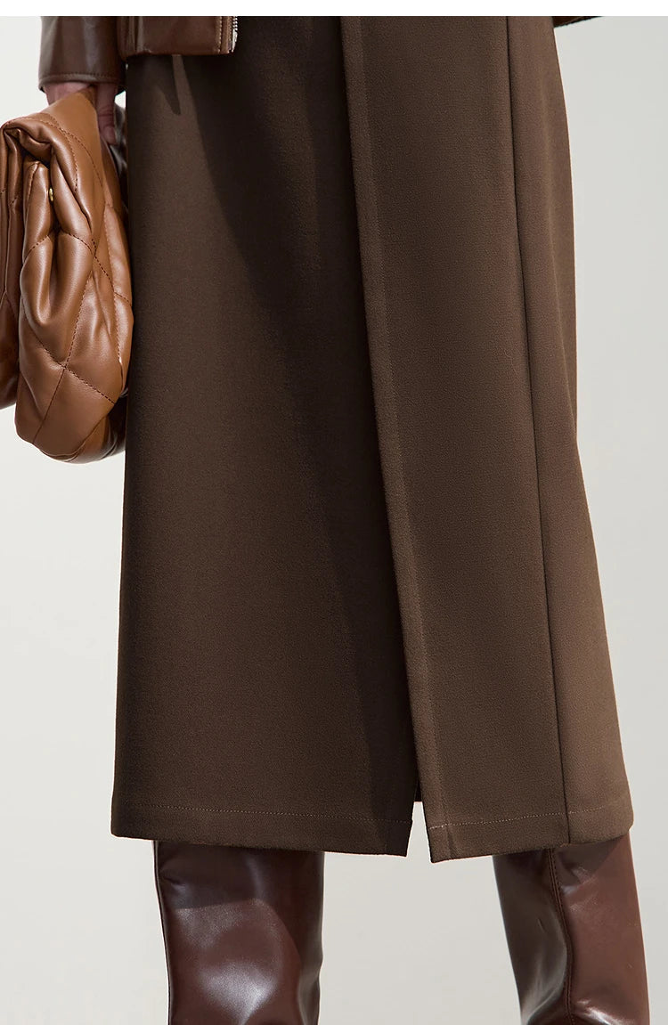 Minimalist Women's Brown Midi Skirt  |  2025 Autumn Retro Brushed Twill Side Slit Office Lady Skirt