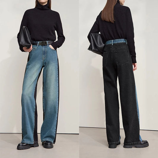 Retro Patchwork Wide-Leg Denim Jeans – Casual Loose Fit Women’s Pants - HER SHOP