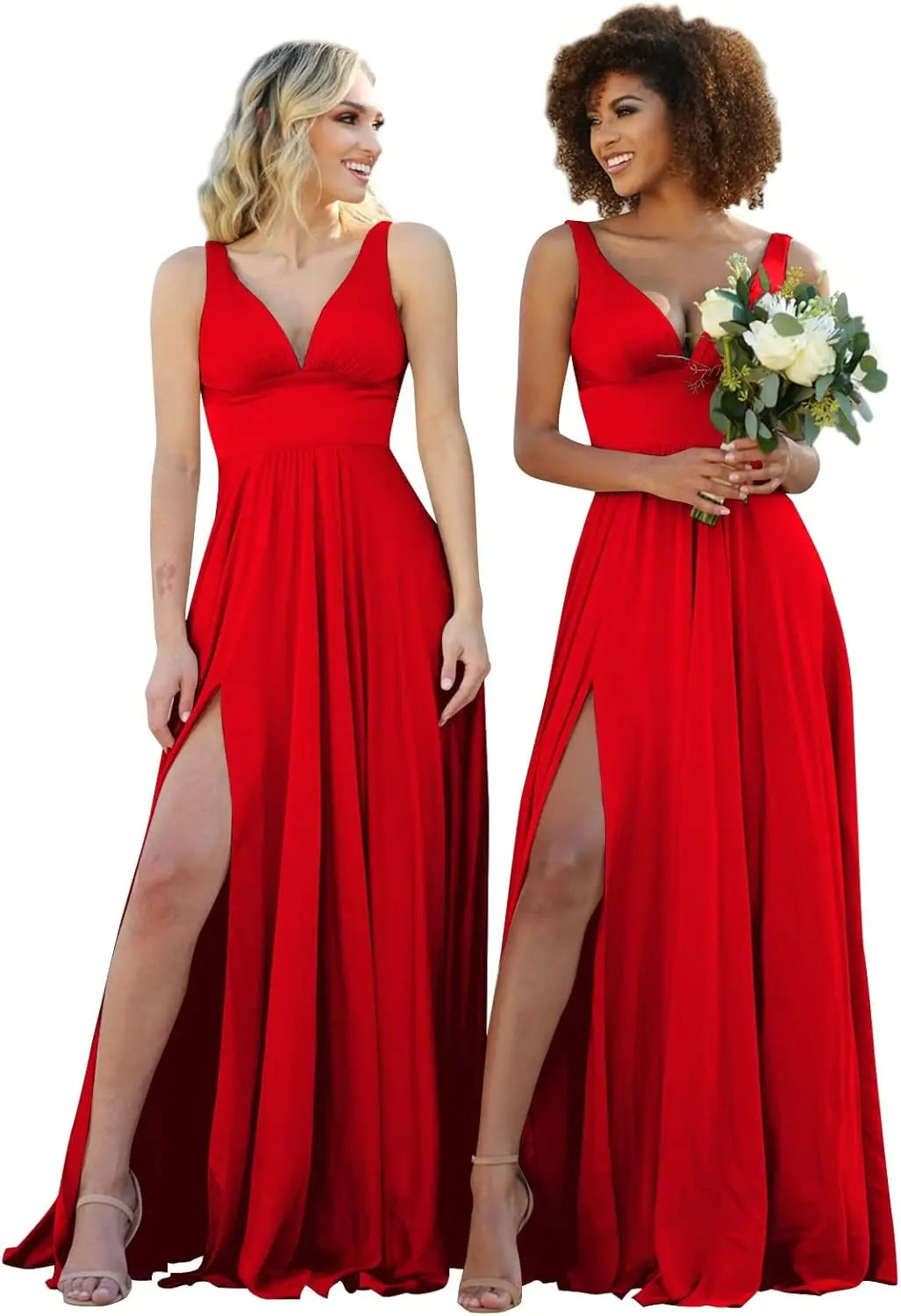 Champagne Gold Bridesmaid Dress – Elegant V-Neck Satin Chiffon Gown for Wedding, Prom & Formal Events