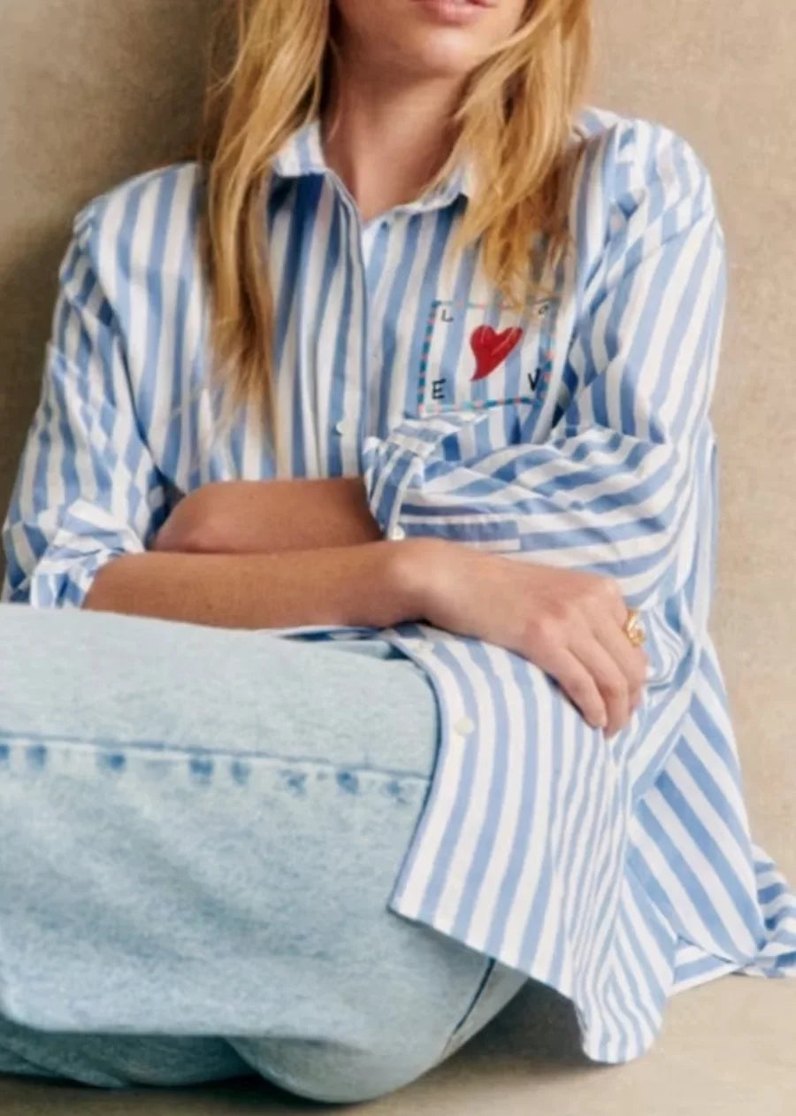 Early Spring Women's Striped Letters Love Lapel Buttoned Long Sleeve Top Shirt