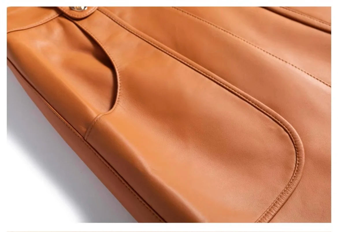 Fashion New Genuine Leather Office Lady for Women Sheepskin Elastic Waist Wrap Long Faldas Mujer Mid Length Front Slit Pocket