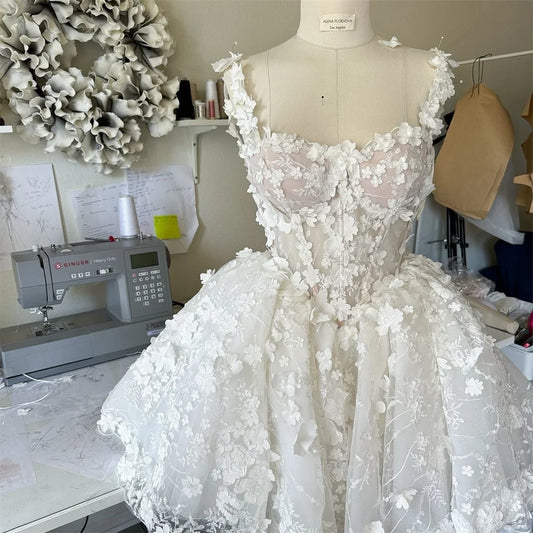 Boho Floral Lace Mini Ball Gown Custom Short Dress for Prom, Wedding, or Evening with Flower Straps | Vestidos de Fiesta - HER SHOP