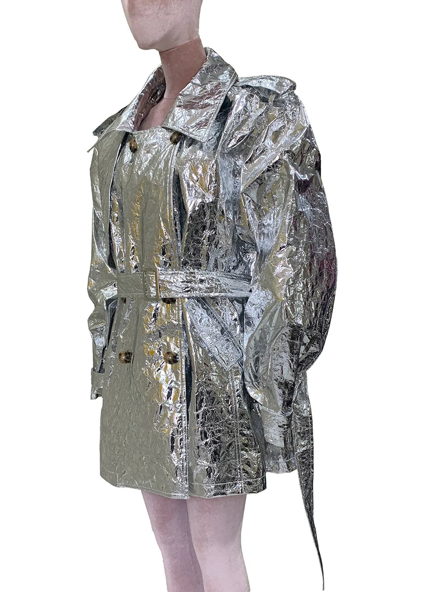 Autumn Oversized Shiny Silver Trench Coat for Women Belt Double Breasted European Fashion Emo Clothes Y2K Streetwear