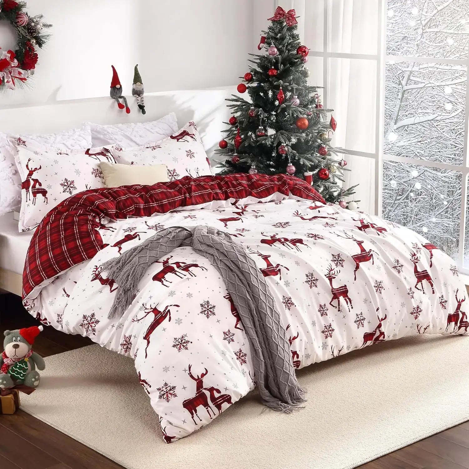 Merry Christmas Duvet Cover Set – Red Bedding with Elk and Snowflake Design, Perfect for Holiday Bedroom Décor and New Year Gifts