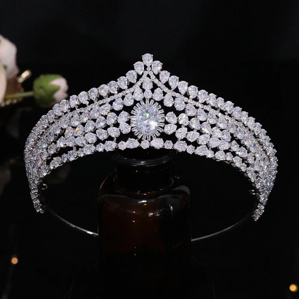 Tall Tiaras Cubic Zirconia Wedding Crowns Bridal Headwear Princess Corona Luxury Pageant Hair Jewelry Women Headpieces Best Gift