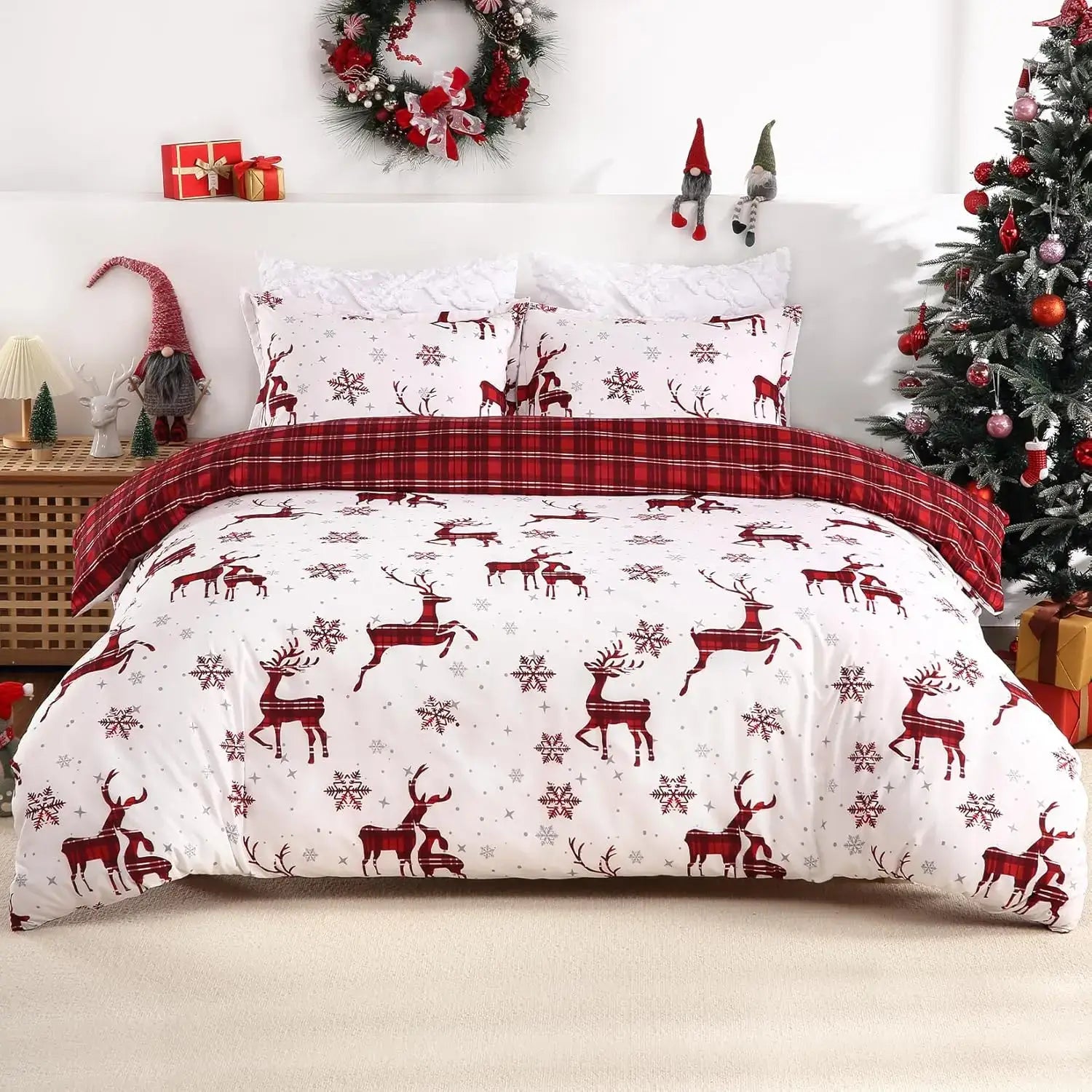 Merry Christmas Duvet Cover Set – Red Bedding with Elk and Snowflake Design, Perfect for Holiday Bedroom Décor and New Year Gifts
