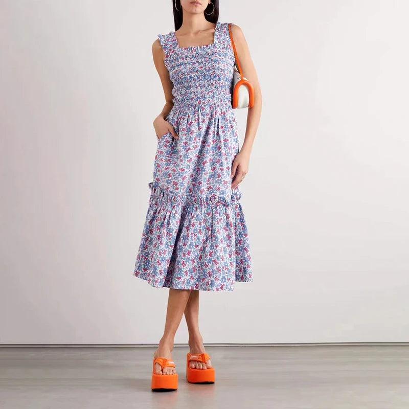 2025 Summer Retro Floral Square Neck Puff Sleeve Top, Skirt, and Dress for Women