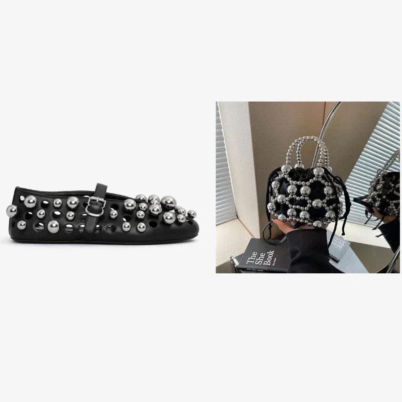 New Rivet Round Head Flat Shoes Orange Leather Sandal Buckle Ballet Sandal Silver Hollow Mary Jane Shoes Lipstick Key Bag 34-45