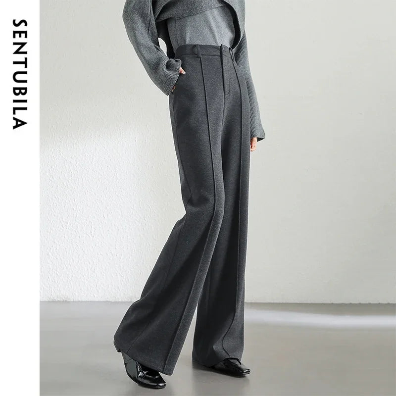 High Waist Wool Blend Flare Pants – Warm Winter Office Trousers for Women
