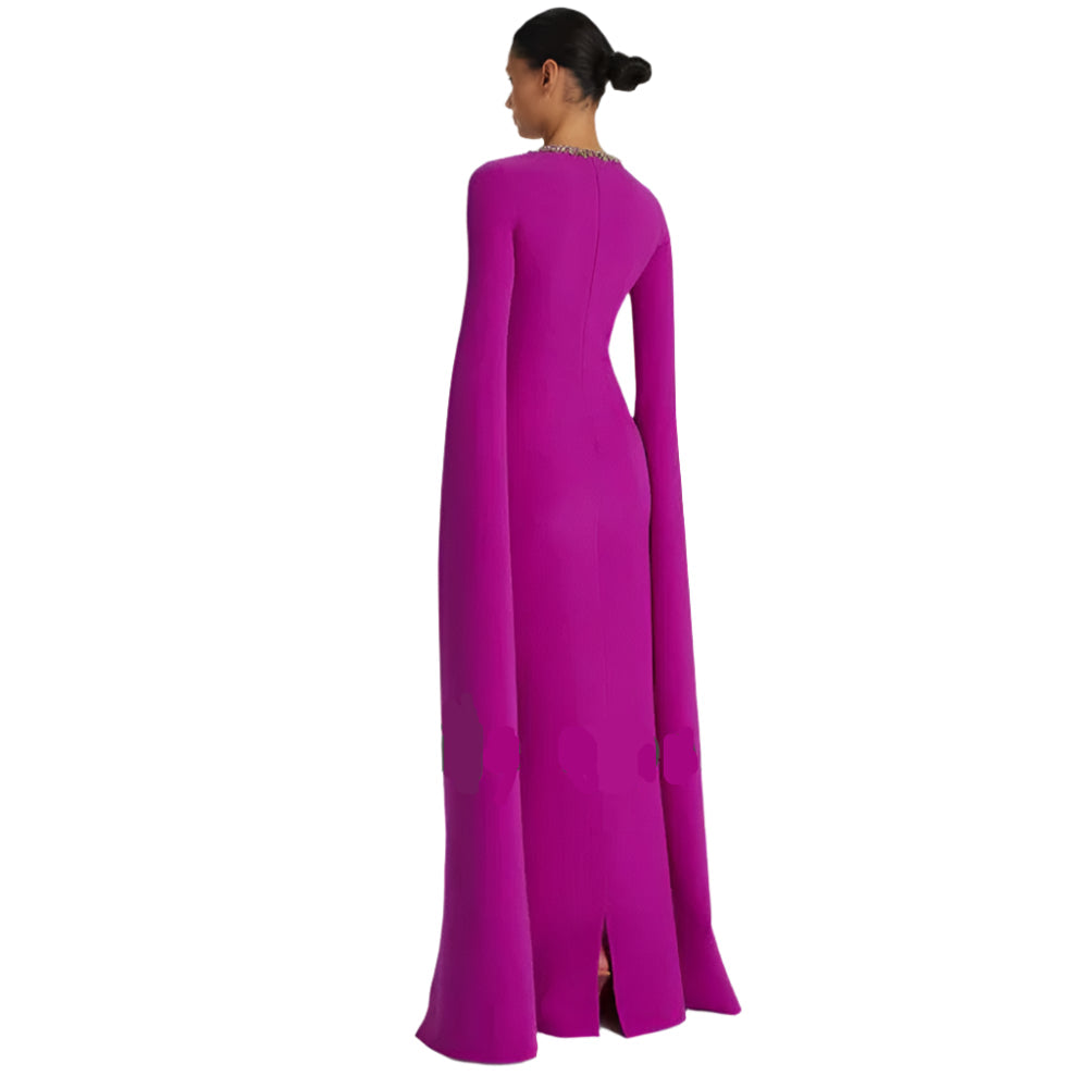 Dark Magenta Prom Dress - Jersey Rhinestone Bespoke Gown, Column Scoop Neck, Floor-Length