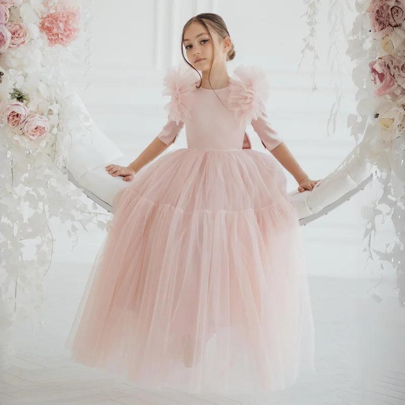 Light Pink Flower Girl Dresses Tulle With Bow Half Sleeve For Wedding Birthday Party Banquet Princess Gowns