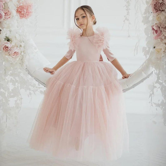 Light Pink Flower Girl Dresses Tulle With Bow Half Sleeve For Wedding Birthday Party Banquet Princess Gowns - HER SHOP®