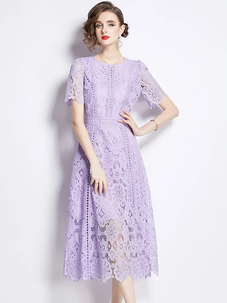 High-End Lace Hollow Out Summer Dress Women's Runway Embroidery Design Vintage Elegant Short Sleeve Dresses