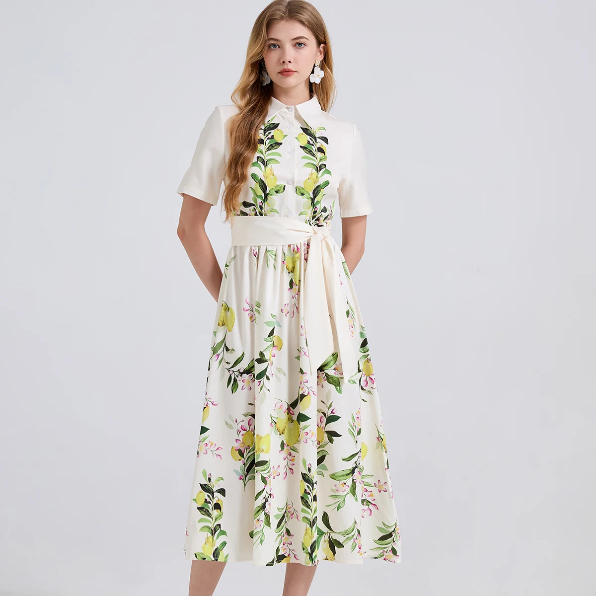 2025 Brand Designer Pear Tree Print Long Shirt Dress  -  Summer Holiday Midi Dress for Women