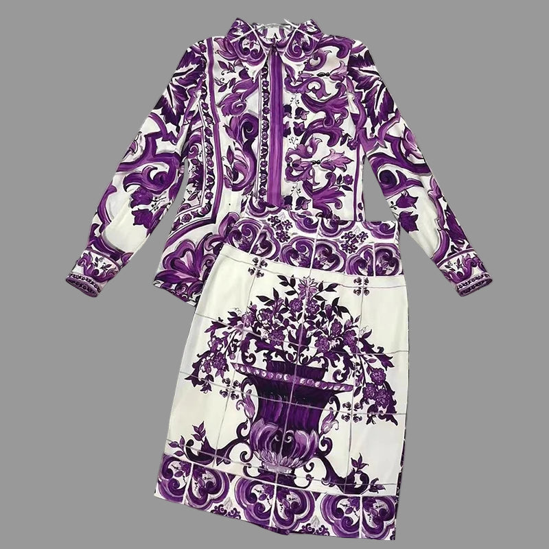 Purple and white patterned dress on a gray tiled floor with 'Seifrmann' branding.