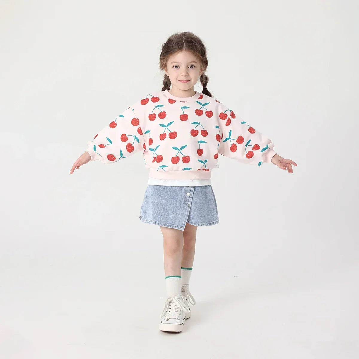 Girls Long Lantern Sleeve Sweatshirts Cherry Printed Round Neck Shirts Soft Cute Pullover Tops 231238