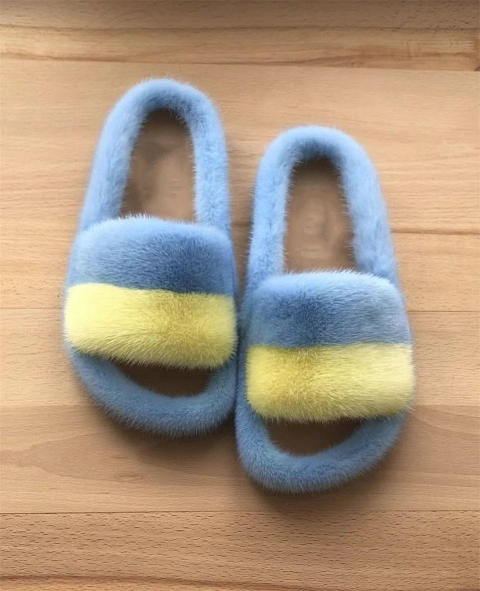 Luxury Real Mink Fur Slippers for Women – Summer Flat Slides with Plush Fur and Sheepskin Insole