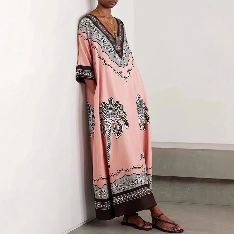Vintage Bohemian Coconut Tree Print Dress – Autumn V-Neck Half Sleeve Loose Holiday Beach Dress for Women