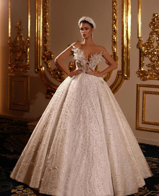 Pearl Beaded Lace Wedding Dress - Custom V-Neck Gown - HER SHOP