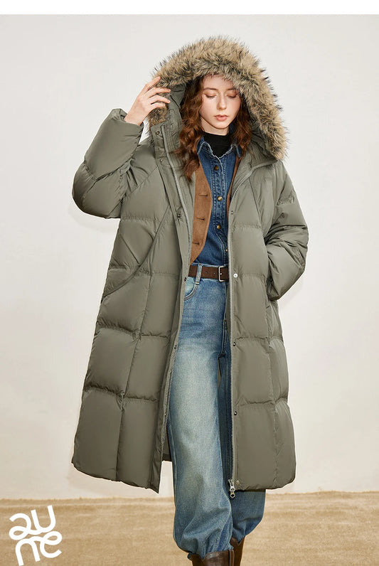Women 90% White Duck Down Thick Down Jacket 2025 Winter New Fur Collar Hooded Extra Long Warm Jacket Coat - HER SHOP