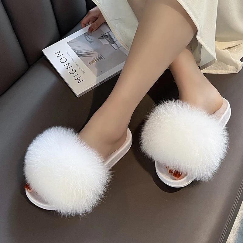 Luxurious Real Fur Slippers – Fluffy House Shoes & Summer Fur Slides for Women, Stylish Flat Furry Sandals Media 1 of 14