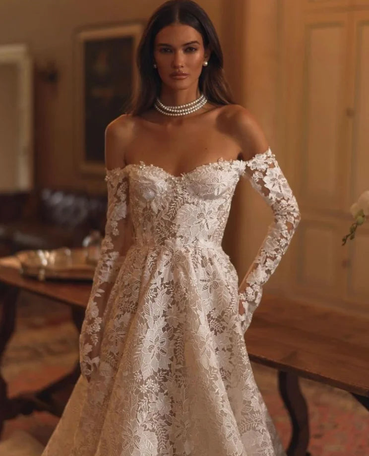 Luxury Vintage A-Line Lace Wedding Dress – Off-the-Shoulder, Long Sleeve, Chic & Customizable Bridal Gown