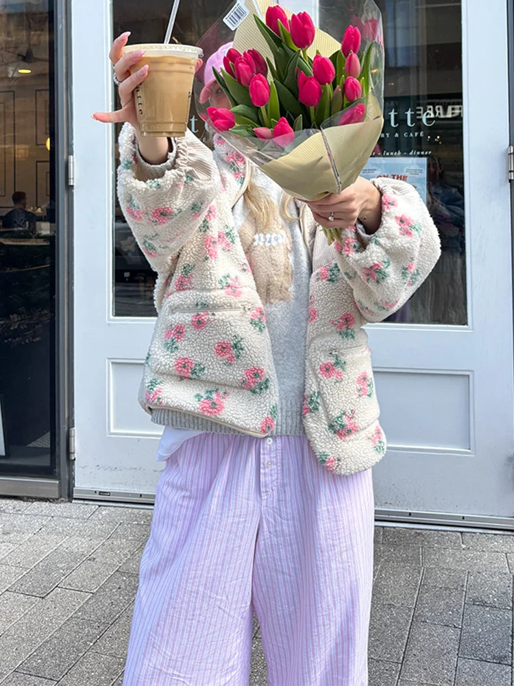 Retro Printed Plush Zipper Short Jacket Women Casual Loose High Neck Pocket Jackets Coat Lady 2025 Versatile Chic Street Outwear