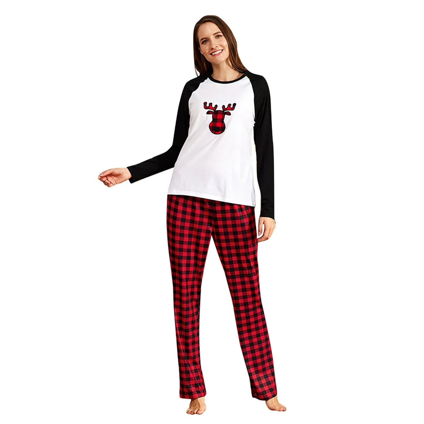 Family Matching Christmas Pajama Set – Cartoon Deer Top & Plaid Trousers, Cozy Holiday Sleepwear for Men, Women & Kids