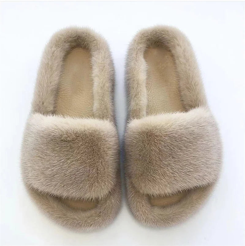 Luxury Real Mink Fur Slippers for Women – Summer Flat Slides with Plush Fur and Sheepskin Insole