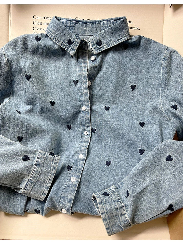 Women's Heart Embroidery Blouse - Turn-Down Collar, Single-Breasted, Fresh Long Sleeve Denim Shirt for Valentine's Day