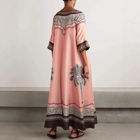 Vintage Bohemian Coconut Tree Print Dress – Autumn V-Neck Half Sleeve Loose Holiday Beach Dress for Women - HER SHOP