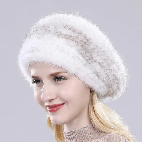Hot Sale Winter Lady Natural Mink Fur Beanies Hat Knit Warm Striped Genuine Mink Fur Caps Women Good Elastic Real Mink Fur Hat